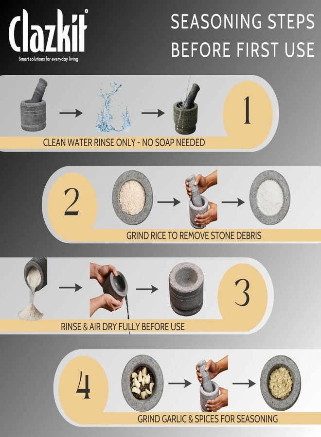 Clazkit Oothukuli Stone Mortar and Pestle Set - 5 Inch Okhli/Khalbatta/Idi Kallu - Traditional Hand Grinder for Chutney, Spices, Herbs & Ginger-Garlic Crushing - Grey - Image 4